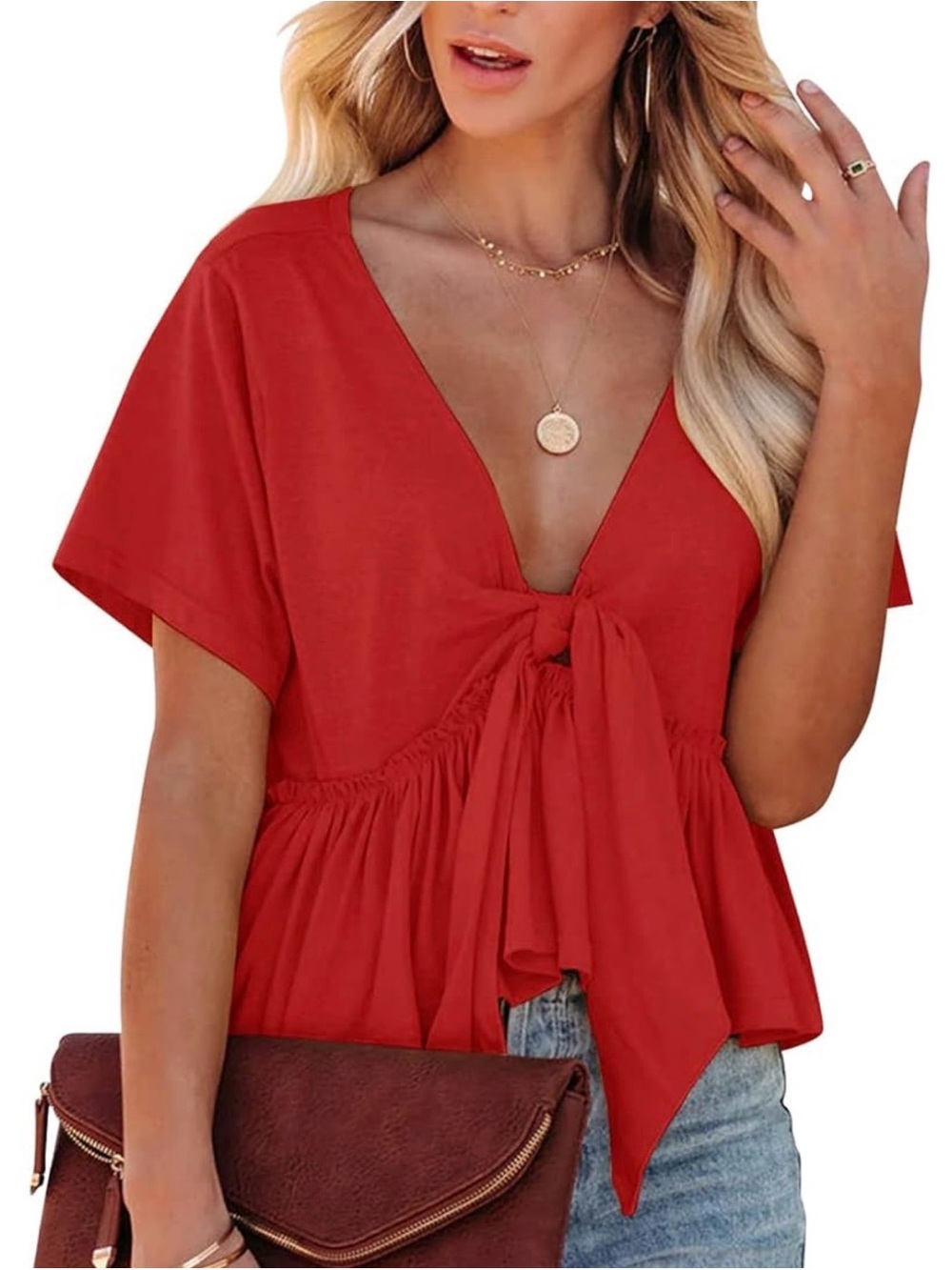 Women's Red Tie-Front V-Neck Top